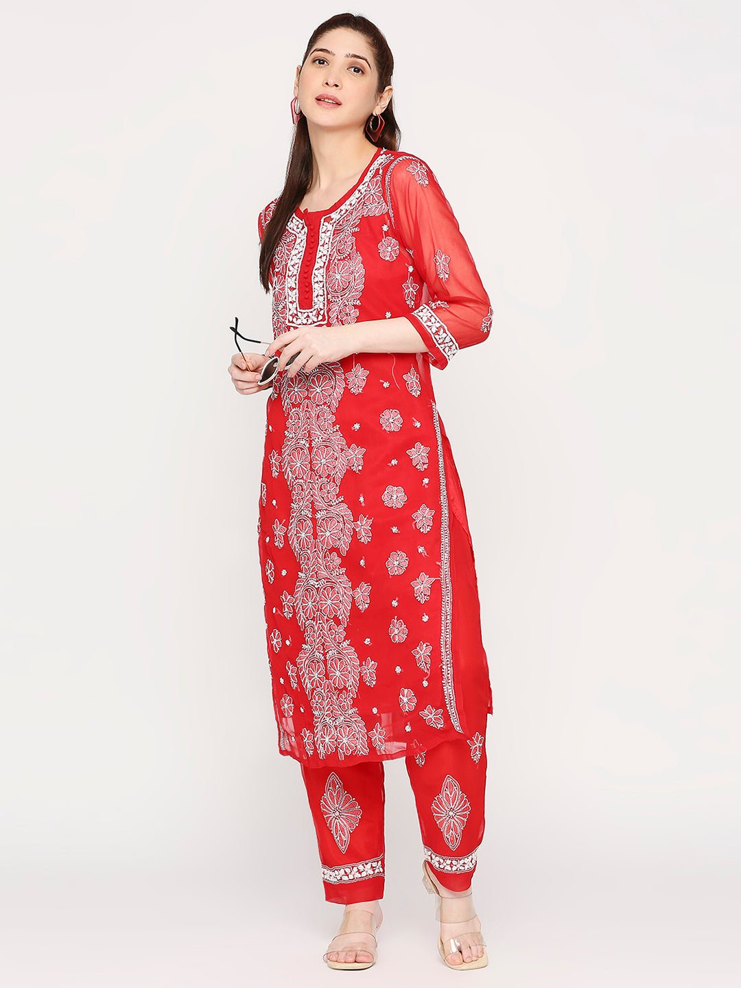 Lucknow Chikankari Hand Embroidered Long Kurta Set and matching slip RED - Indiankala4u