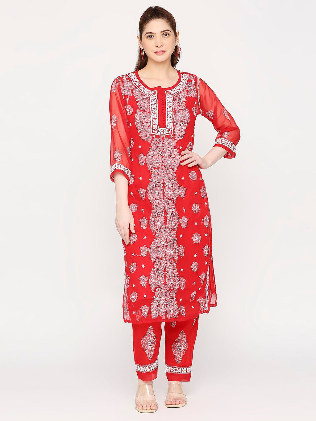Lucknow Chikankari Hand Embroidered Long Kurta Set and matching slip RED - Indiankala4u