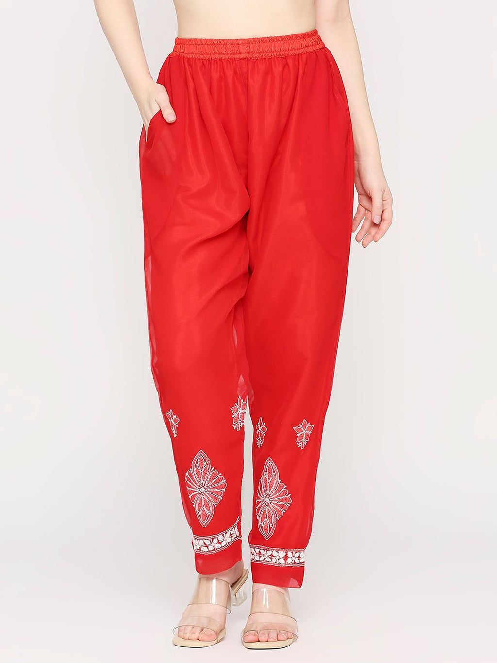 Lucknow Chikankari Hand Embroidered Long Kurta Set and matching slip RED - Indiankala4u