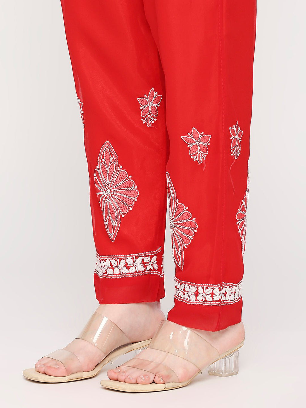 Lucknow Chikankari Hand Embroidered Long Kurta Set and matching slip RED - Indiankala4u