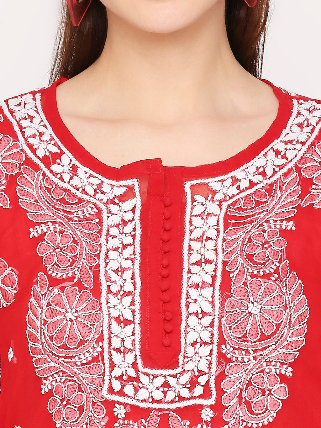 Lucknow Chikankari Hand Embroidered Long Kurta Set and matching slip RED - Indiankala4u