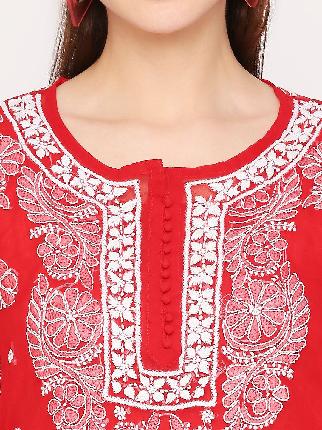 Lucknow Chikankari Hand Embroidered Long Kurta Set and matching slip RED - Indiankala4u