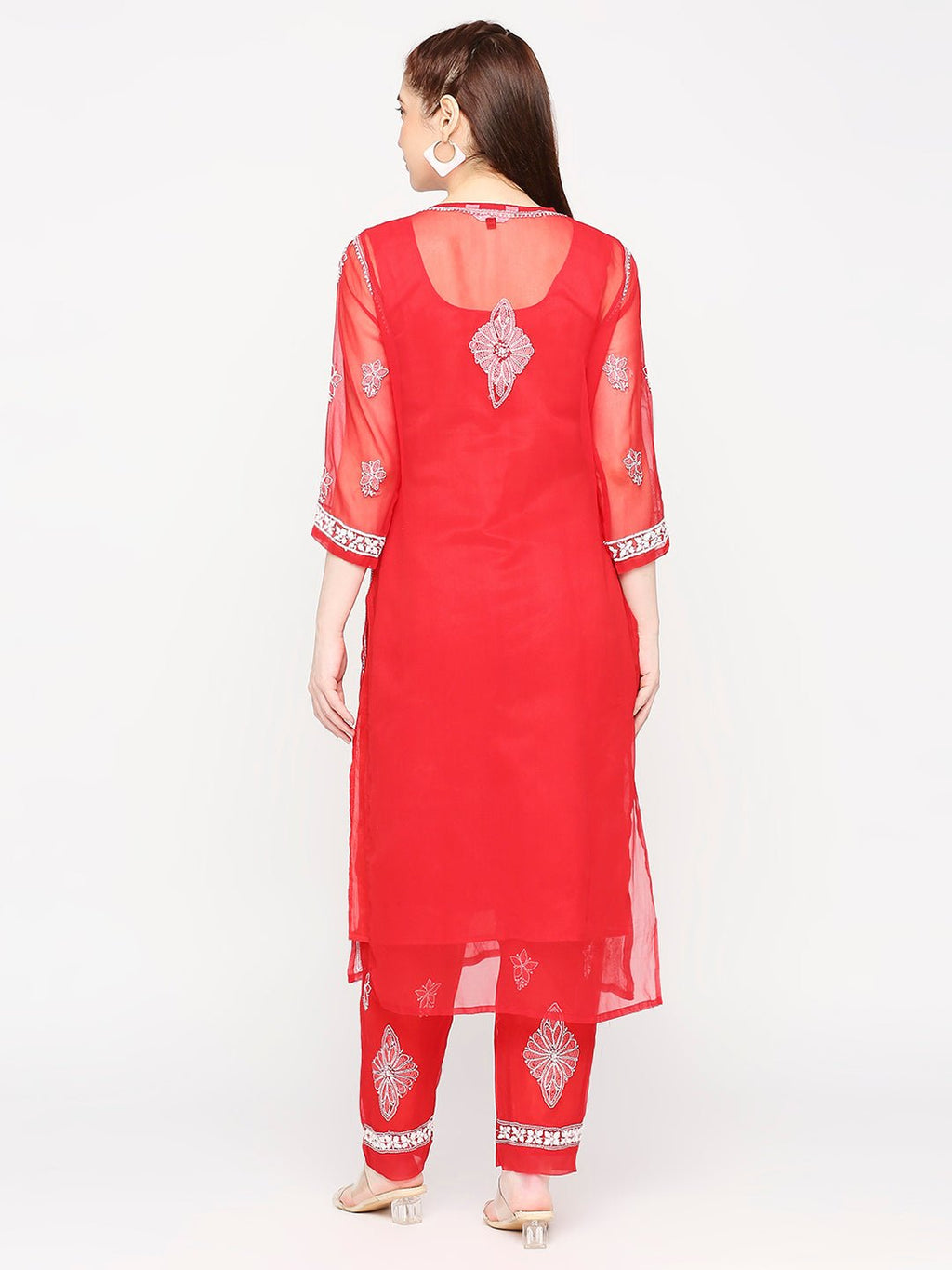 Lucknow Chikankari Hand Embroidered Long Kurta Set and matching slip RED - Indiankala4u