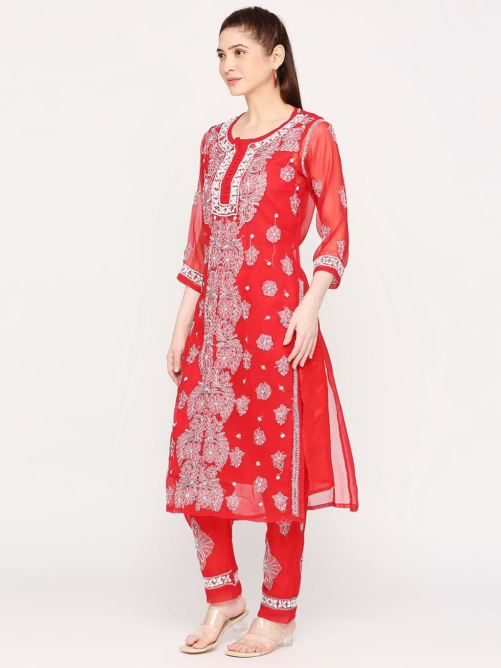 Lucknow Chikankari Hand Embroidered Long Kurta Set and matching slip RED - Indiankala4u