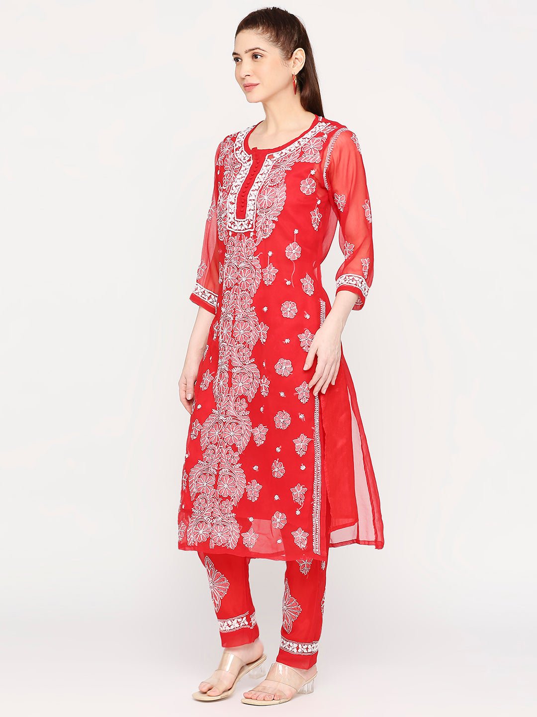 Lucknow Chikankari Hand Embroidered Long Kurta Set and matching slip RED - Indiankala4u