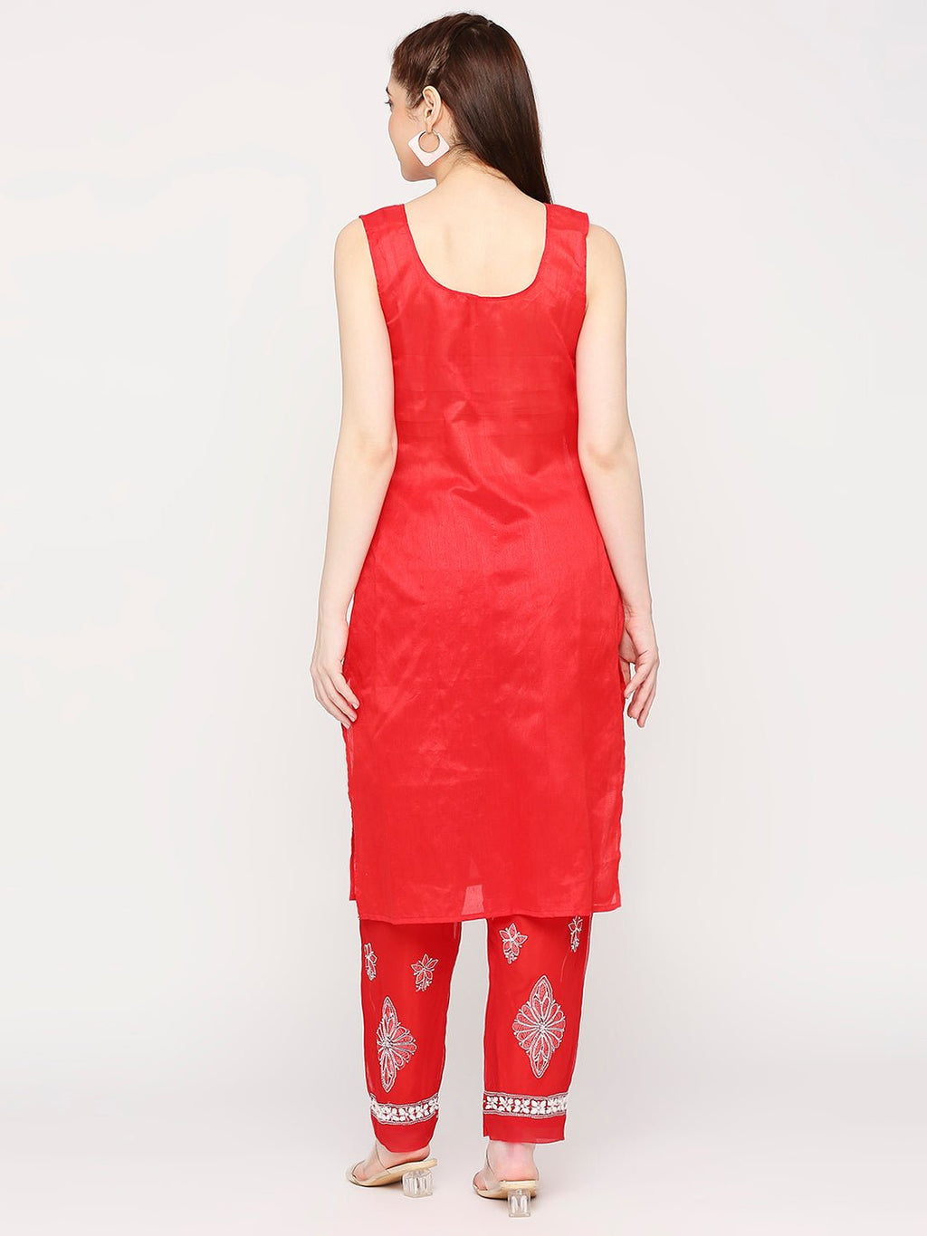 Lucknow Chikankari Hand Embroidered Long Kurta Set and matching slip RED - Indiankala4u