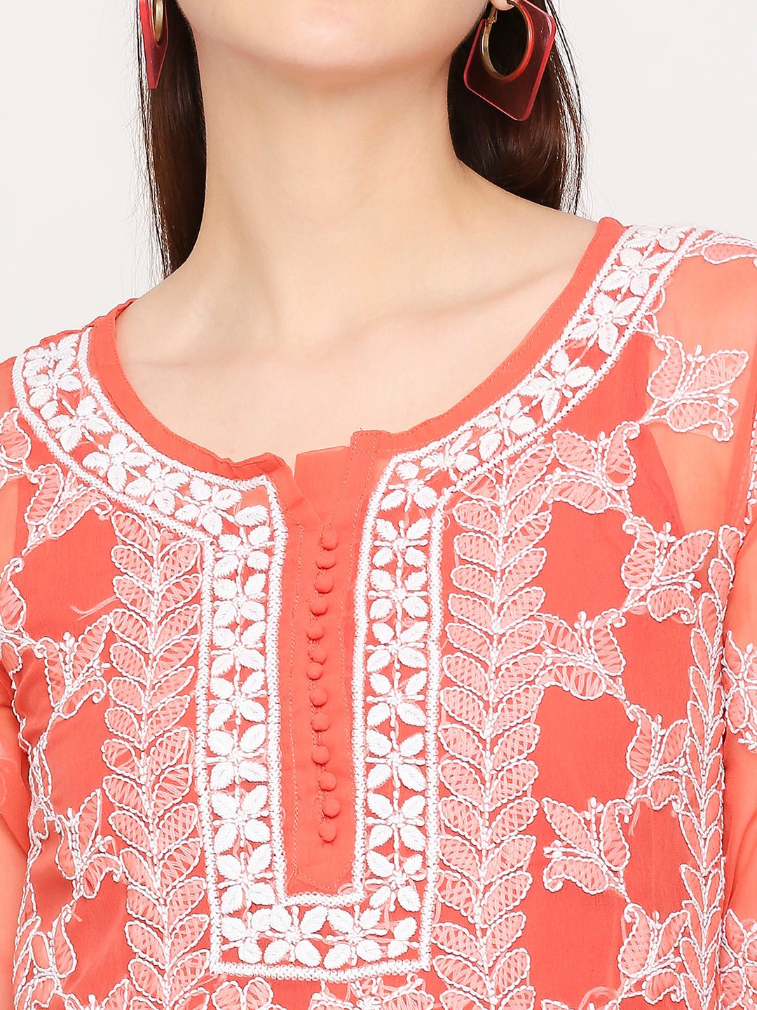 Lucknow Chikankari Hand Embroidered Long Kurta Set and matching slip Ruby Red - Indiankala4u