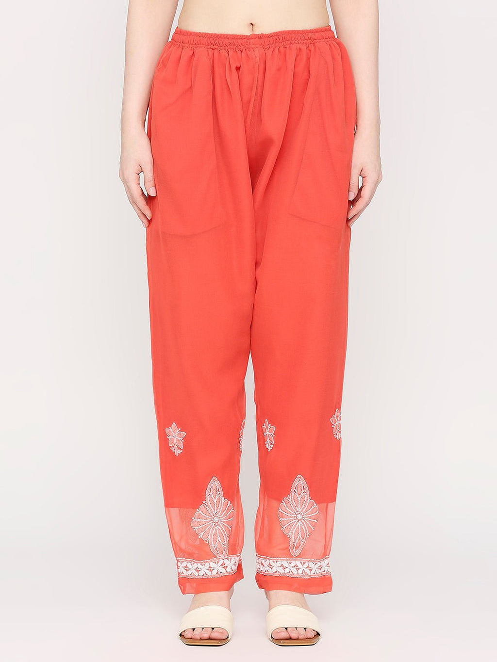 Lucknow Chikankari Hand Embroidered Long Kurta Set and matching slip Ruby Red - Indiankala4u