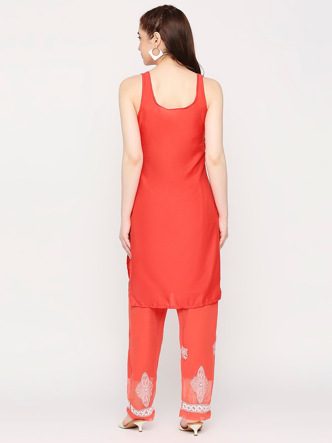 Lucknow Chikankari Hand Embroidered Long Kurta Set and matching slip Ruby Red - Indiankala4u