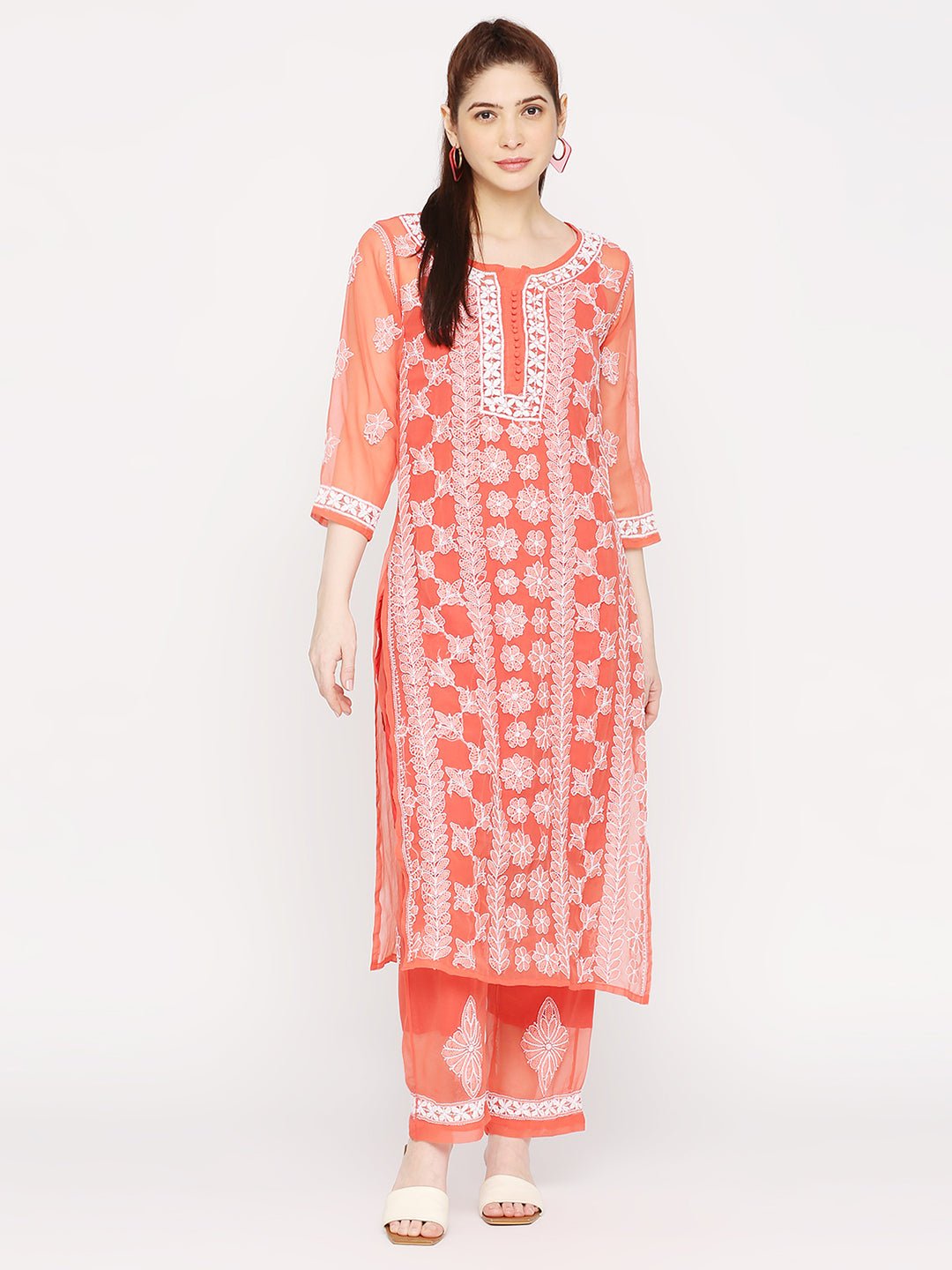 Lucknow Chikankari Hand Embroidered Long Kurta Set and matching slip Ruby Red - Indiankala4u
