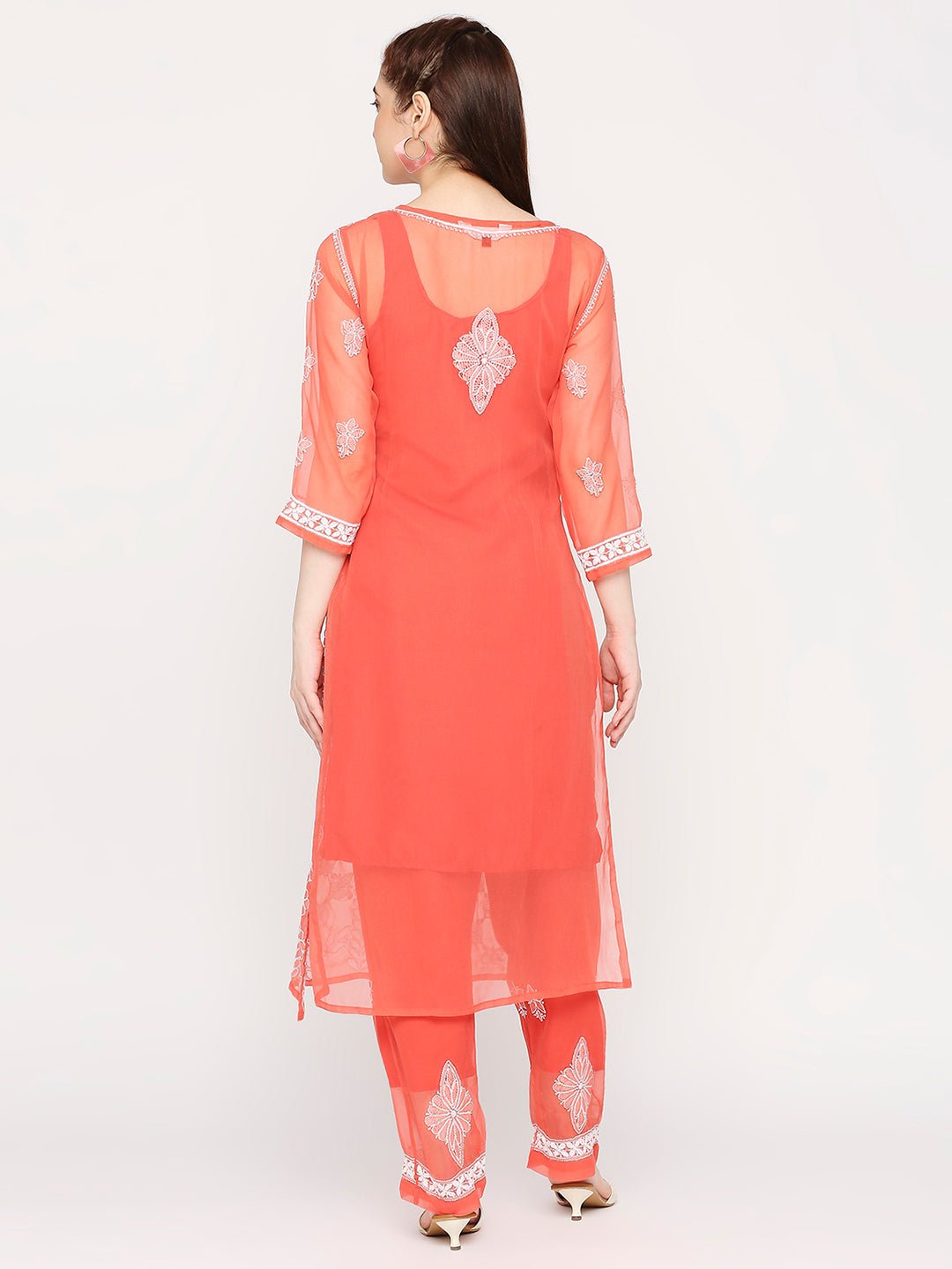 Lucknow Chikankari Hand Embroidered Long Kurta Set and matching slip Ruby Red - Indiankala4u