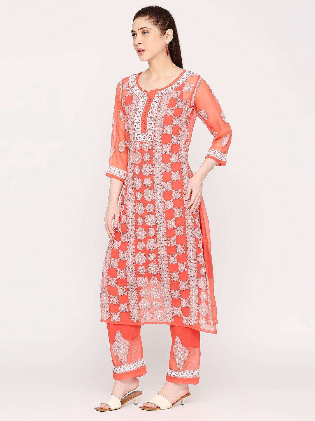 Lucknow Chikankari Hand Embroidered Long Kurta Set and matching slip Ruby Red - Indiankala4u