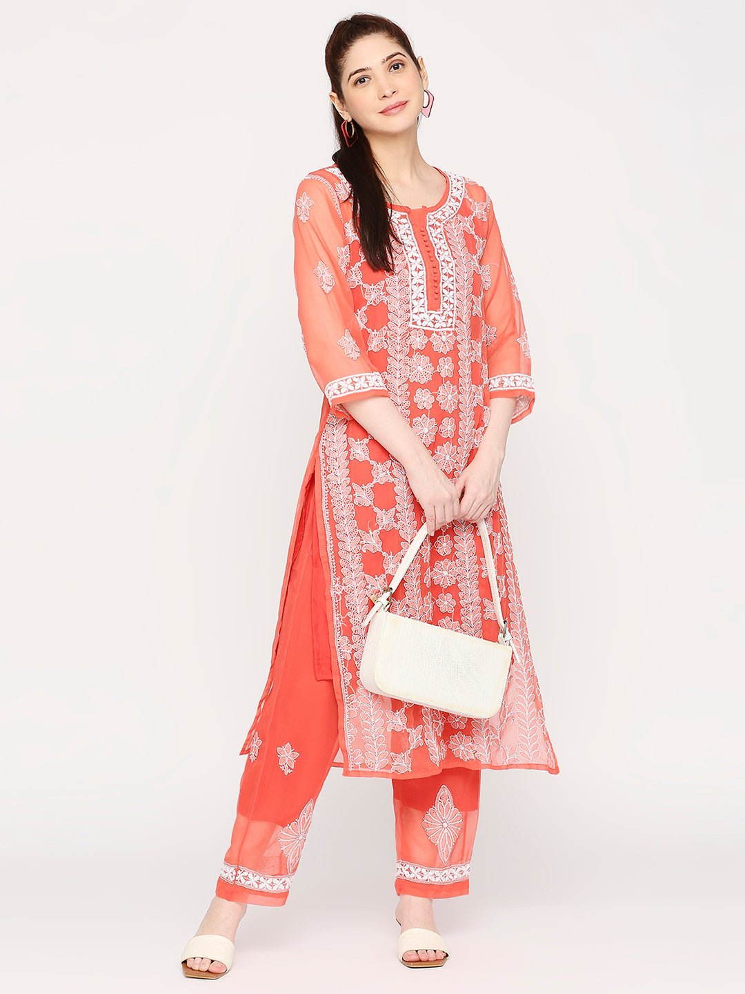 Lucknow Chikankari Hand Embroidered Long Kurta Set and matching slip Ruby Red - Indiankala4u
