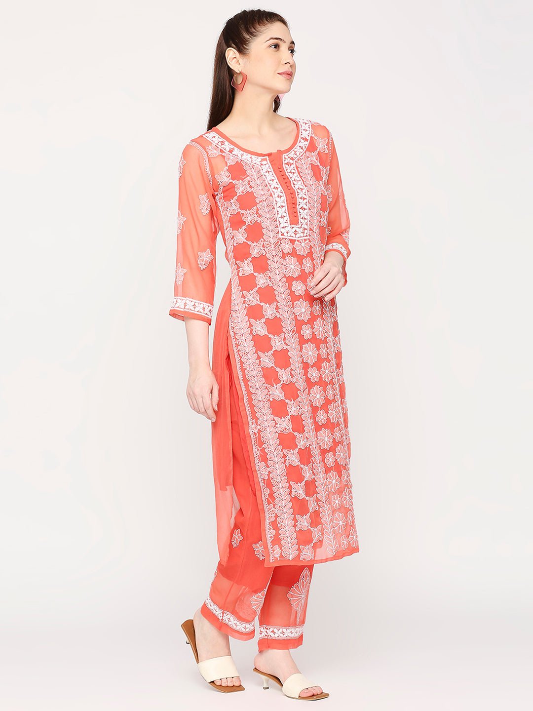Lucknow Chikankari Hand Embroidered Long Kurta Set and matching slip Ruby Red - Indiankala4u