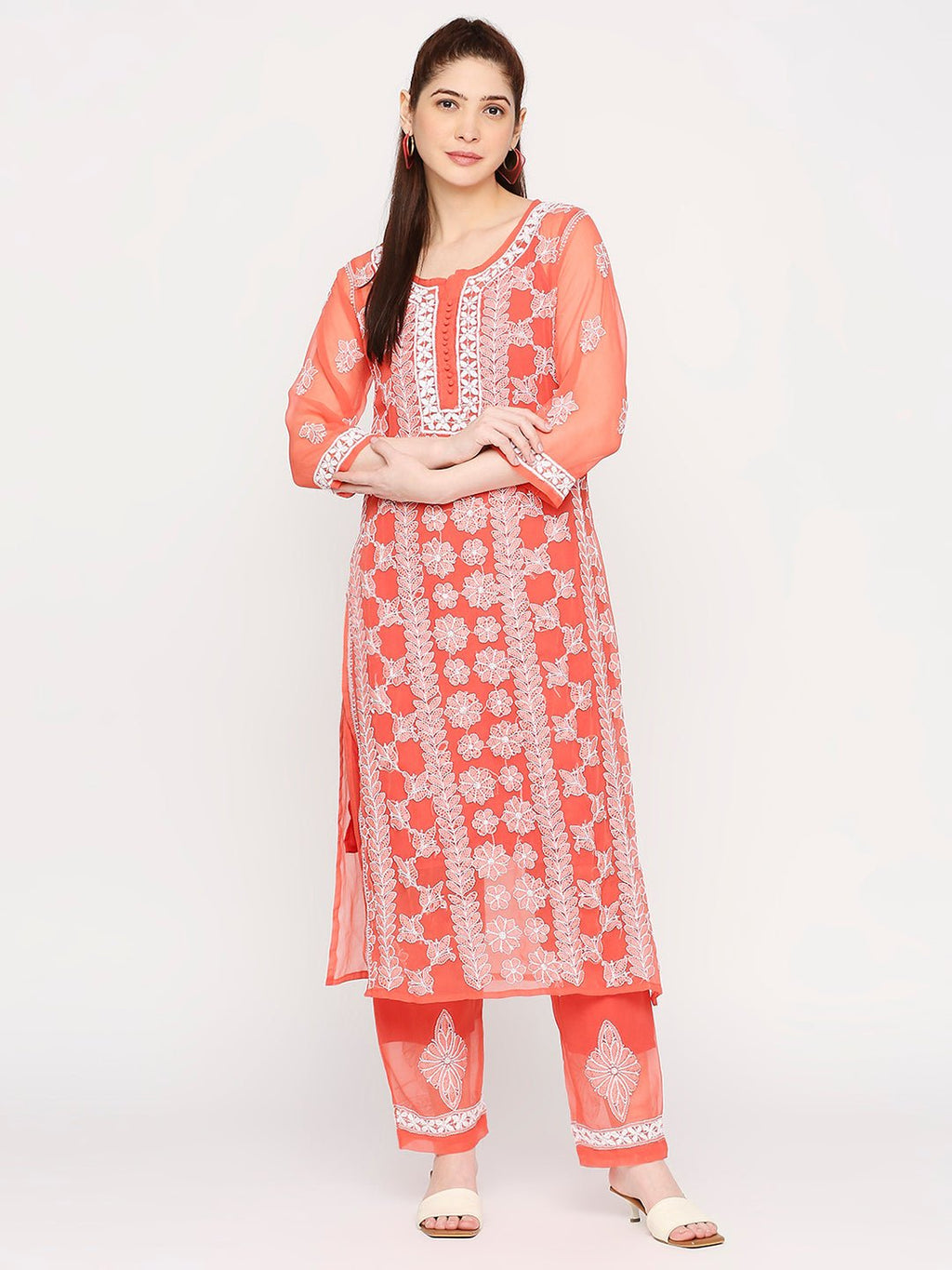 Lucknow Chikankari Hand Embroidered Long Kurta Set and matching slip Ruby Red - Indiankala4u