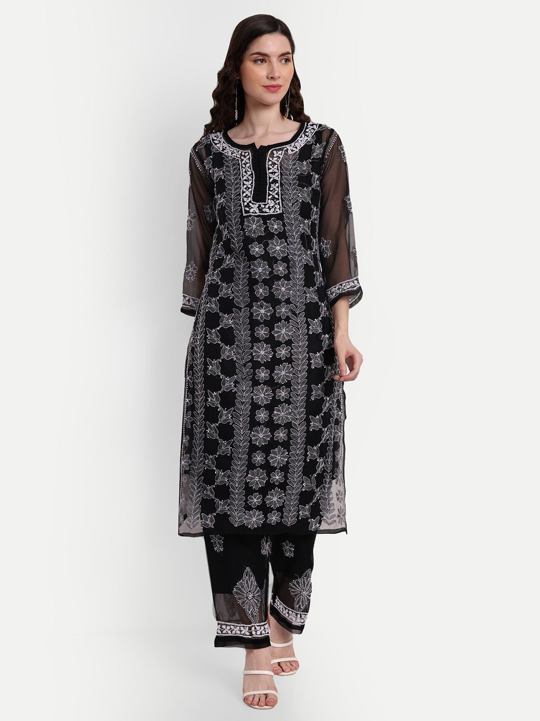 Lucknow Chikankari Hand Embroidered Long Kurta Set with Palazzo set with matching inner slip - Indiankala4u