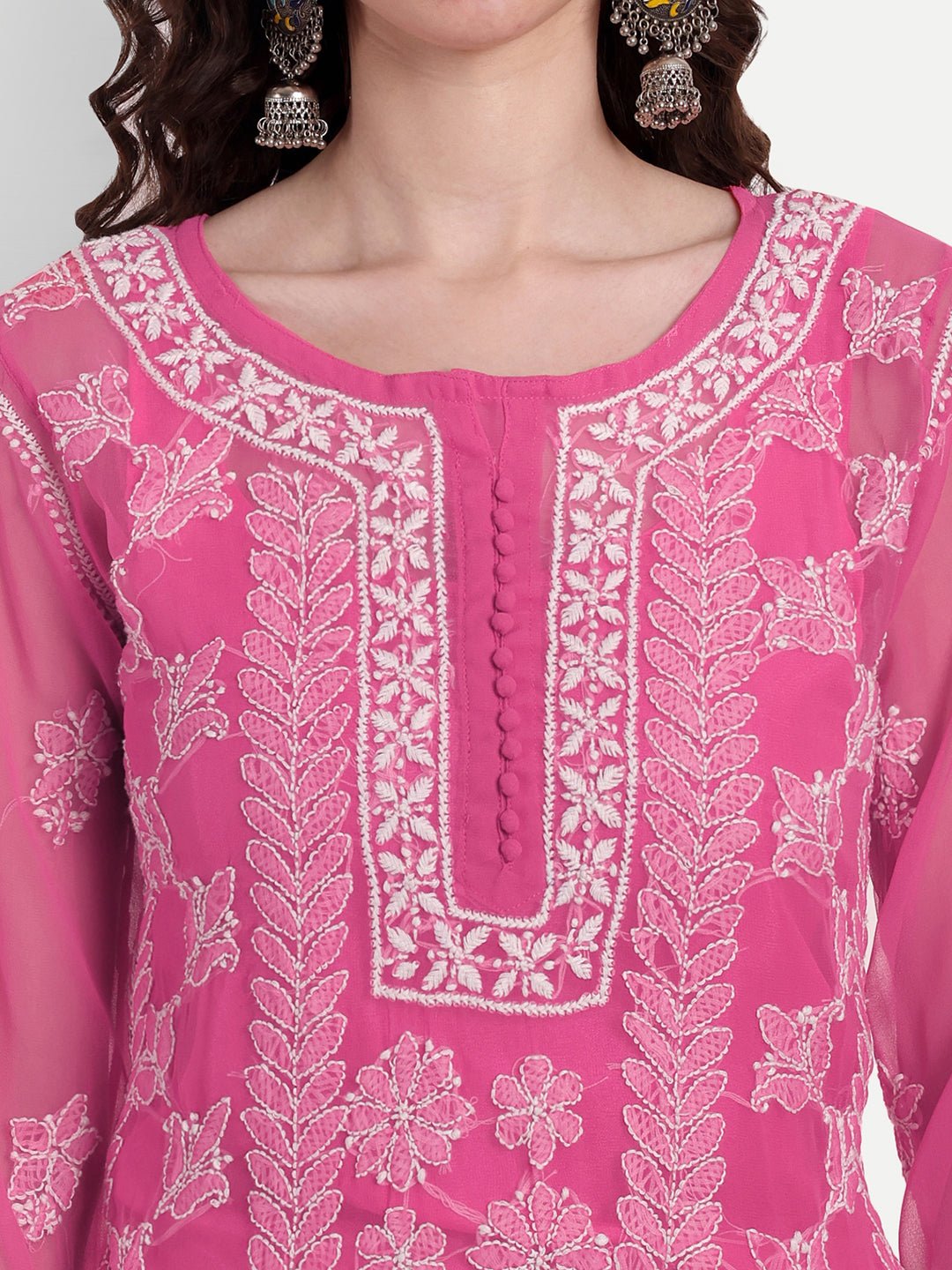 Lucknow Chikankari Hand Embroidered Long Kurta Set with Palazzo set with matching inner slip - Indiankala4u