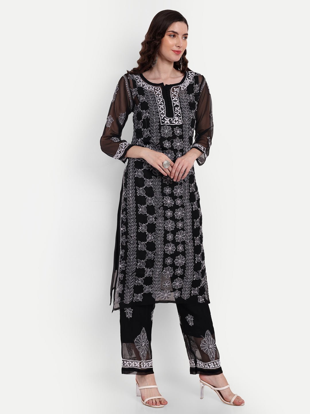 Lucknow Chikankari Hand Embroidered Long Kurta Set with Palazzo set with matching inner slip - Indiankala4u