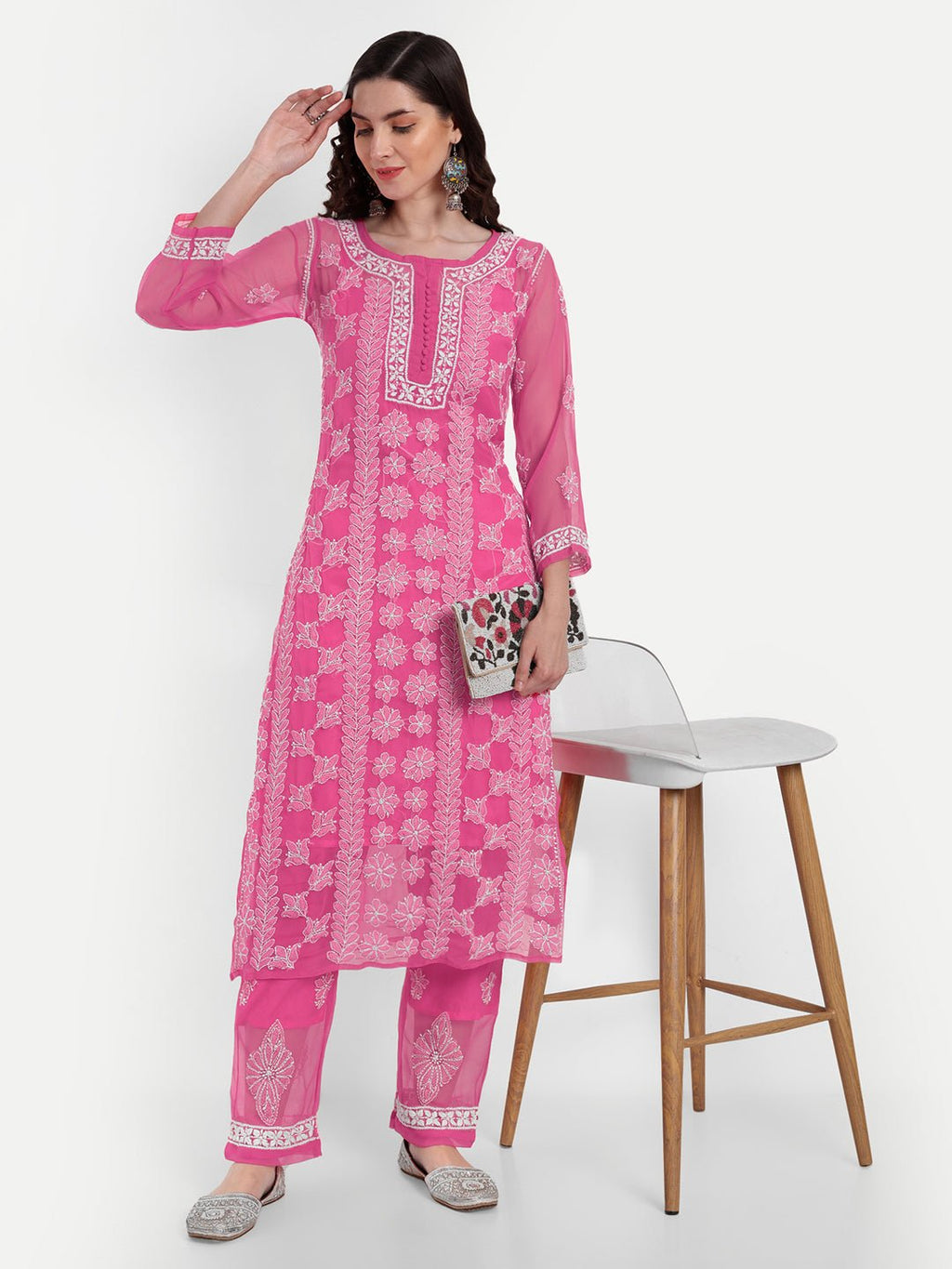 Lucknow Chikankari Hand Embroidered Long Kurta Set with Palazzo set with matching inner slip - Indiankala4u
