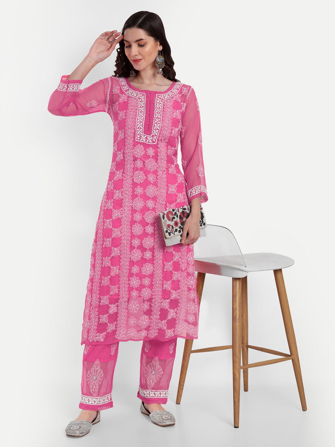 Lucknow Chikankari Hand Embroidered Long Kurta Set with Palazzo set with matching inner slip - Indiankala4u