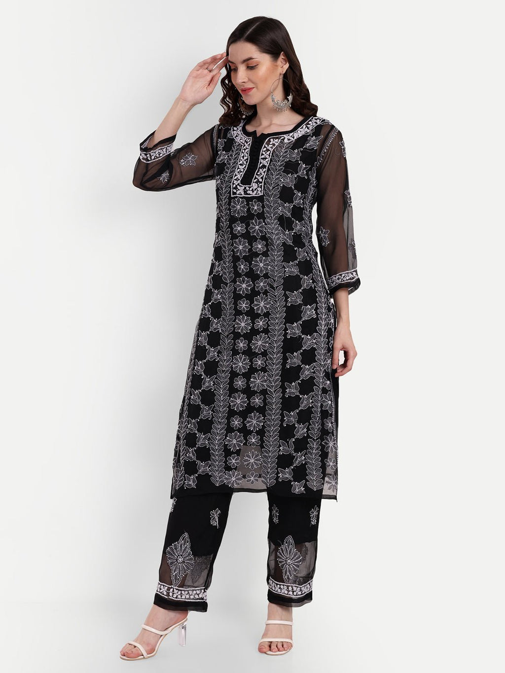Lucknow Chikankari Hand Embroidered Long Kurta Set with Palazzo set with matching inner slip - Indiankala4u