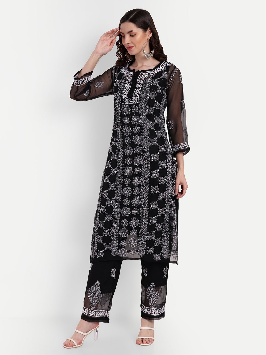 Lucknow Chikankari Hand Embroidered Long Kurta Set with Palazzo set with matching inner slip - Indiankala4u