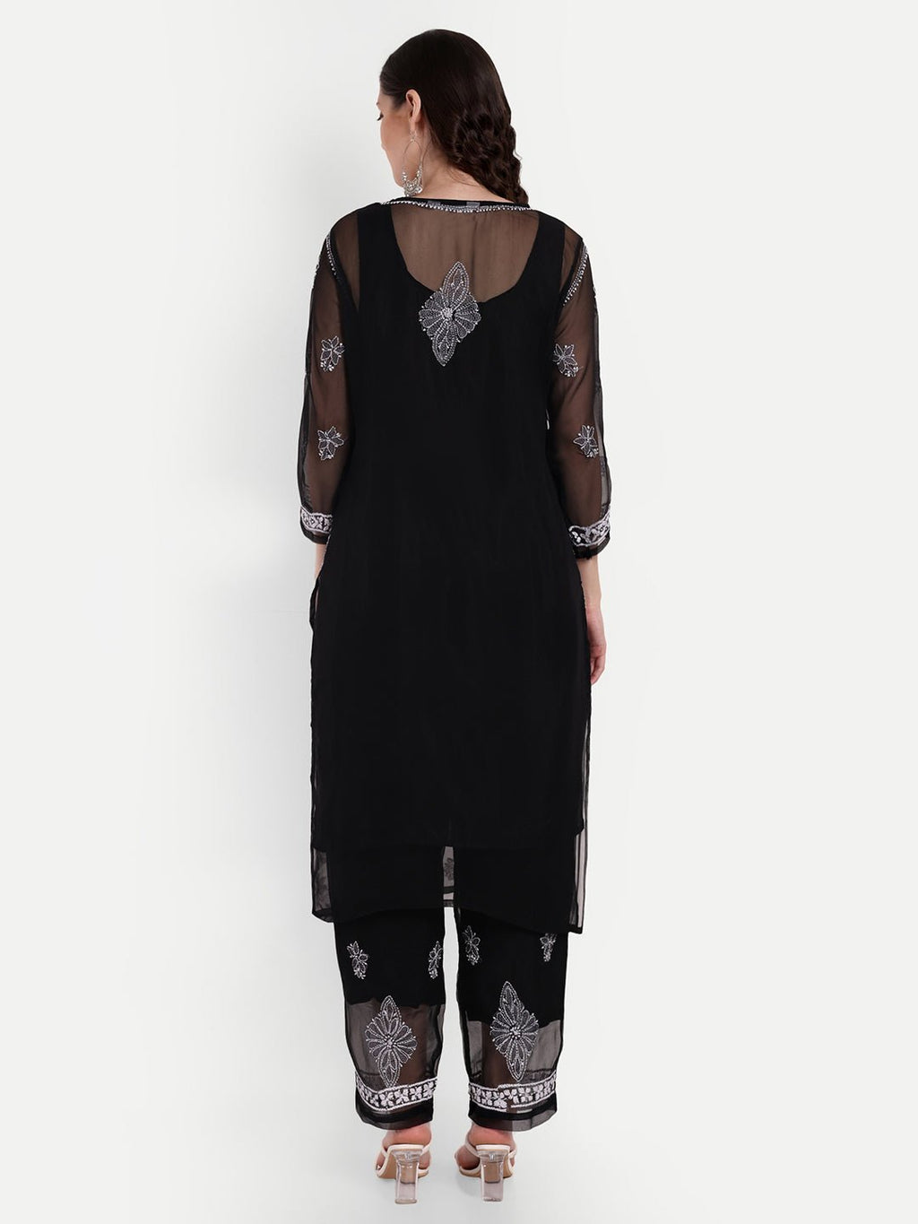 Lucknow Chikankari Hand Embroidered Long Kurta Set with Palazzo set with matching inner slip - Indiankala4u