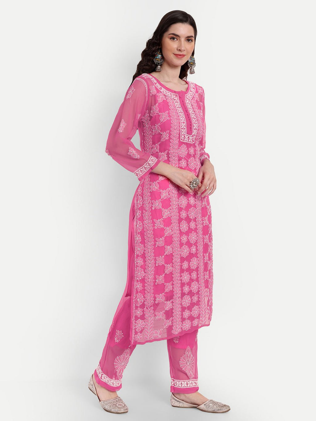 Lucknow Chikankari Hand Embroidered Long Kurta Set with Palazzo set with matching inner slip - Indiankala4u