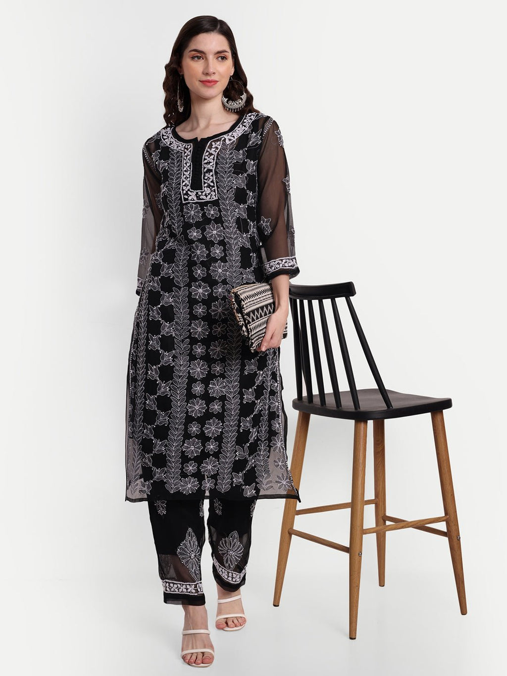 Lucknow Chikankari Hand Embroidered Long Kurta Set with Palazzo set with matching inner slip - Indiankala4u