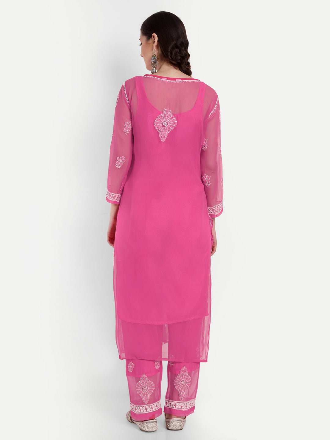 Lucknow Chikankari Hand Embroidered Long Kurta Set with Palazzo set with matching inner slip - Indiankala4u