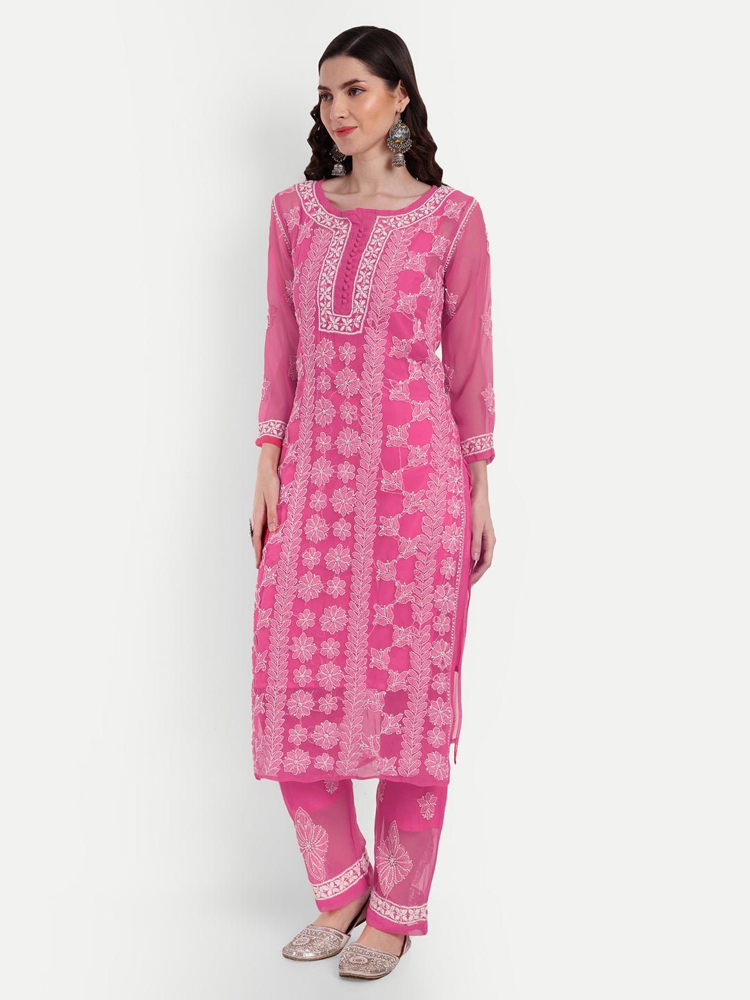 Lucknow Chikankari Hand Embroidered Long Kurta Set with Palazzo set with matching inner slip - Indiankala4u