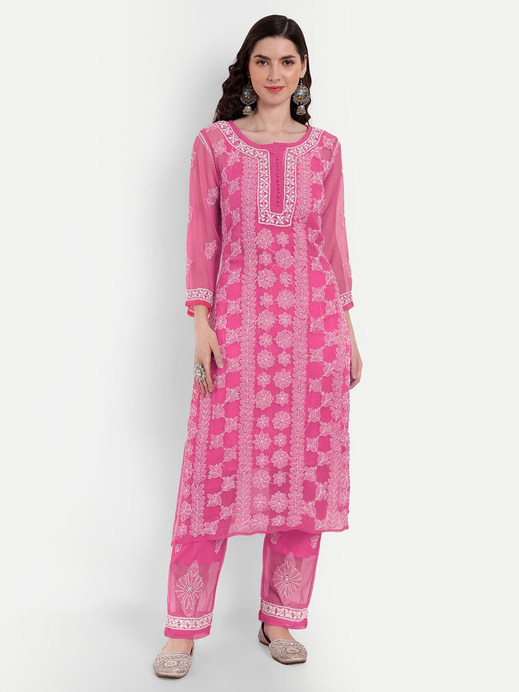Lucknow Chikankari Hand Embroidered Long Kurta Set with Palazzo set with matching inner slip - Indiankala4u