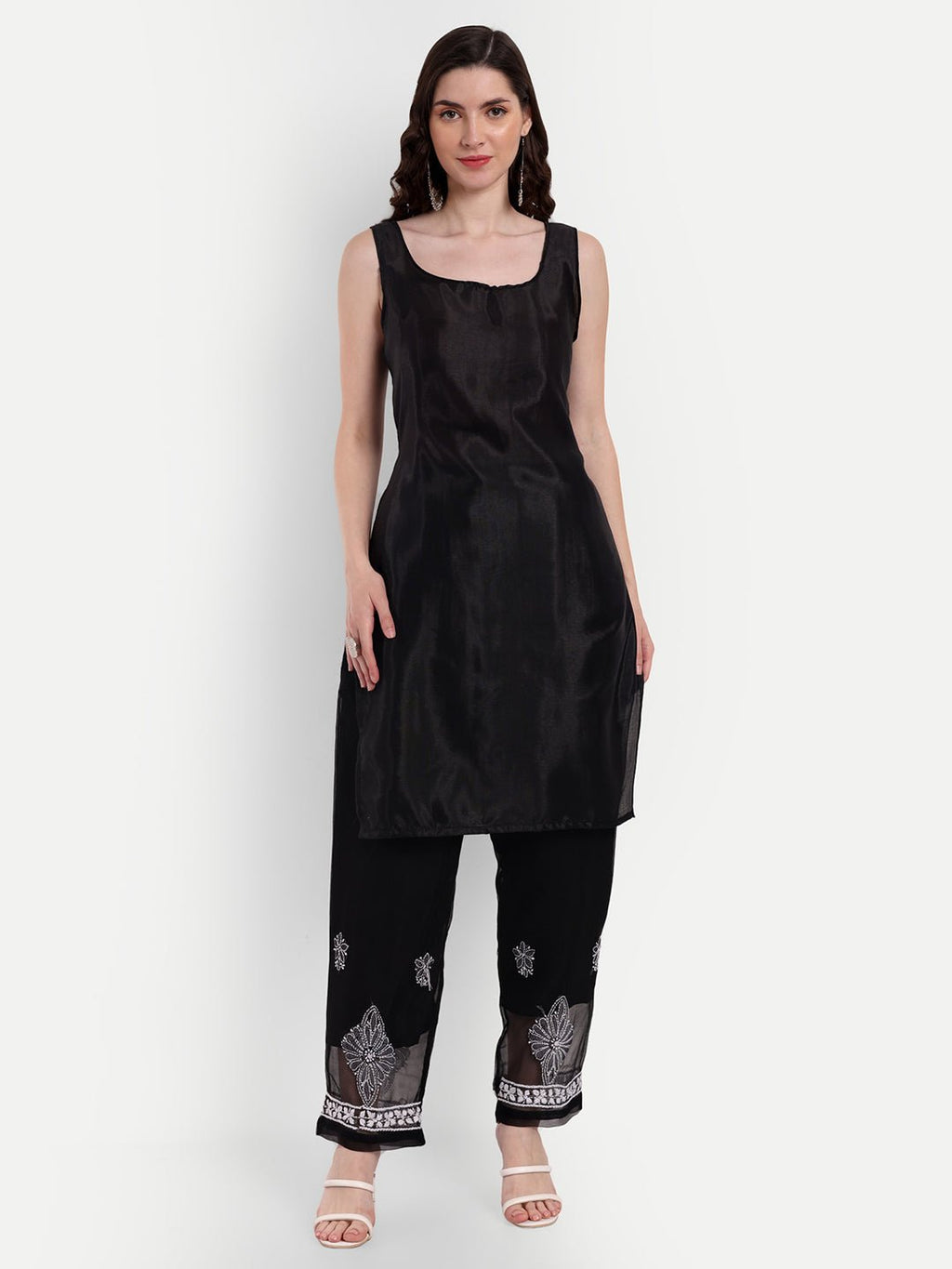 Lucknow Chikankari Hand Embroidered Long Kurta Set with Palazzo set with matching inner slip - Indiankala4u