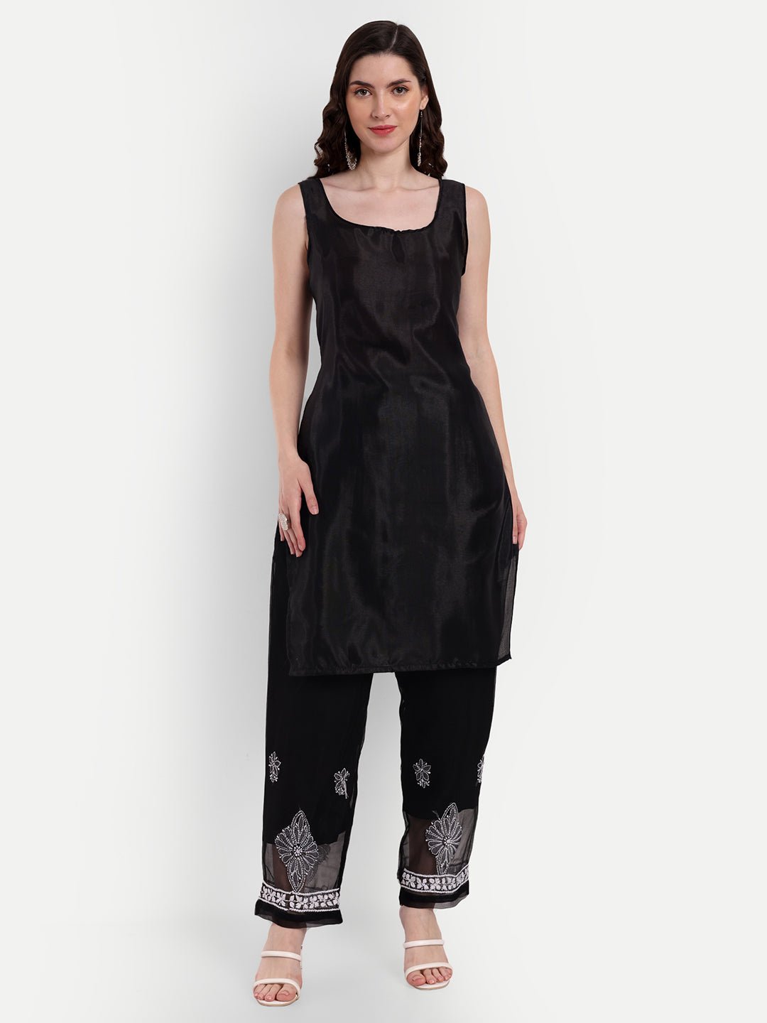 Lucknow Chikankari Hand Embroidered Long Kurta Set with Palazzo set with matching inner slip - Indiankala4u