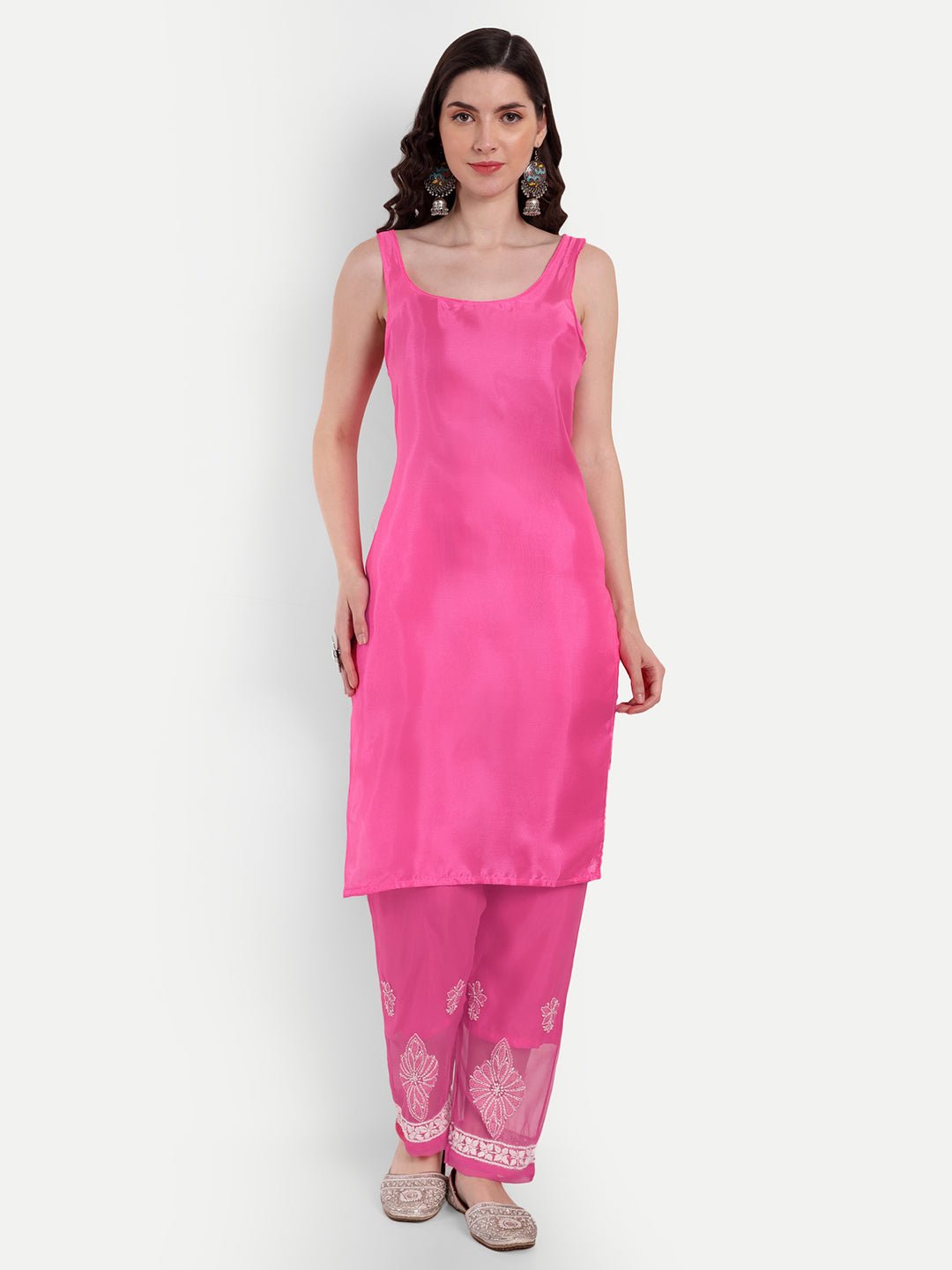 Lucknow Chikankari Hand Embroidered Long Kurta Set with Palazzo set with matching inner slip - Indiankala4u