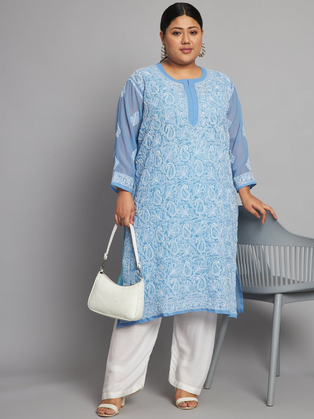 Lucknow Chikankari Hand Embroidered Long Kurta with matching slip, Plus Sizes - Indiankala4u