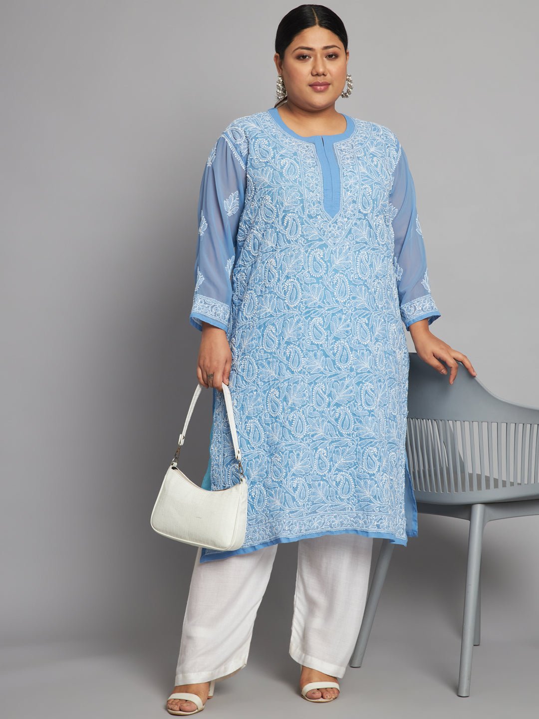 Lucknow Chikankari Hand Embroidered Long Kurta with matching slip, Plus Sizes - Indiankala4u