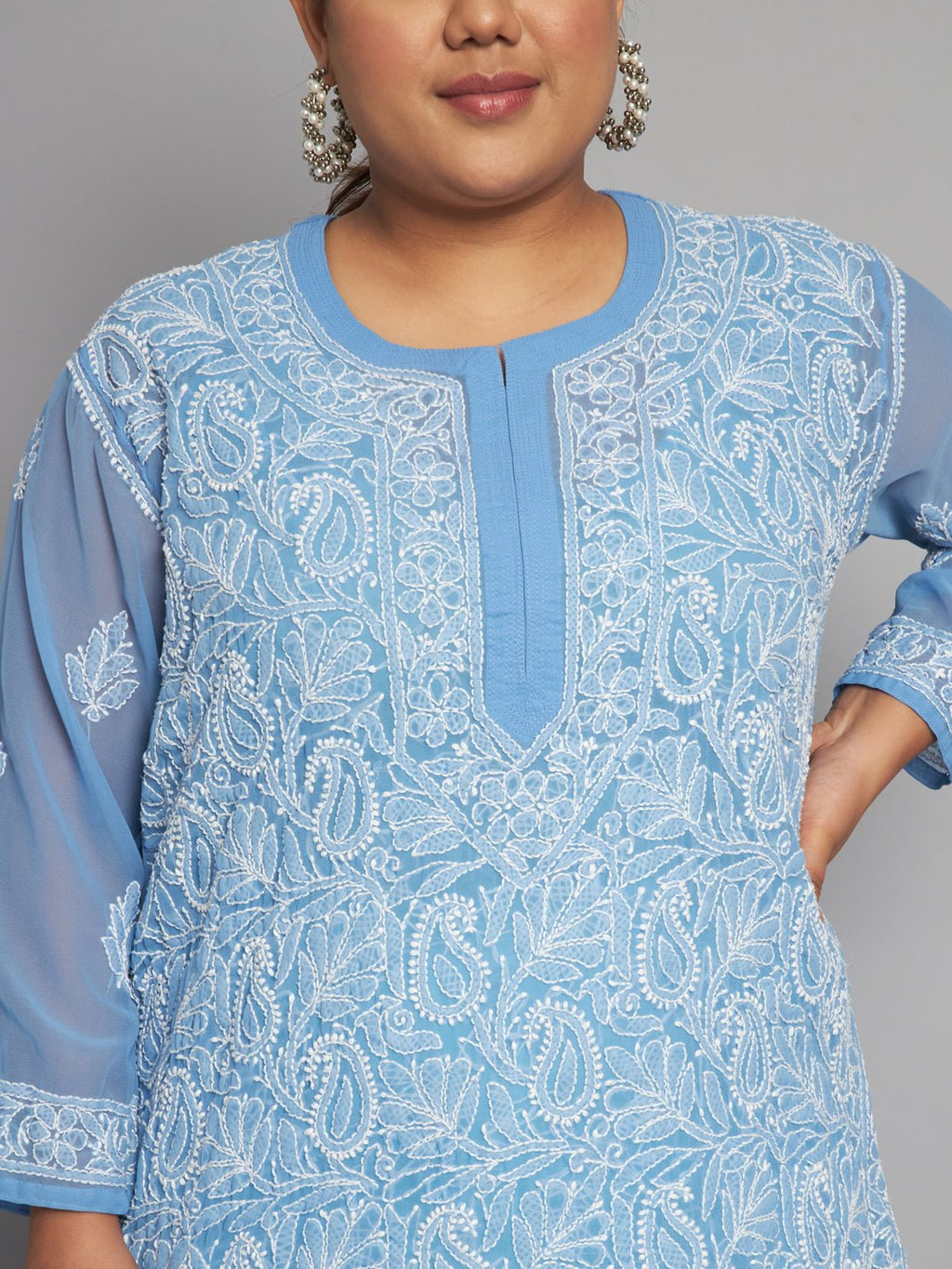 Lucknow Chikankari Hand Embroidered Long Kurta with matching slip, Plus Sizes - Indiankala4u
