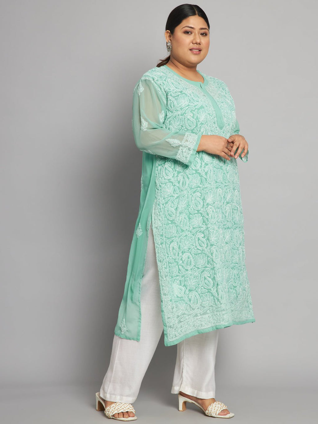 Lucknow Chikankari Hand Embroidered Long Kurta with matching slip, Plus Sizes - Indiankala4u