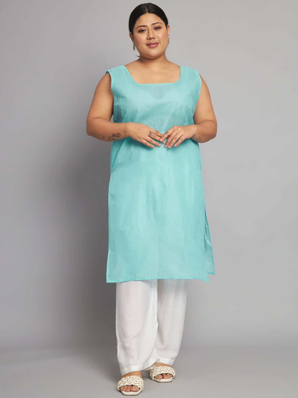 Lucknow Chikankari Hand Embroidered Long Kurta with matching slip, Plus Sizes - Indiankala4u