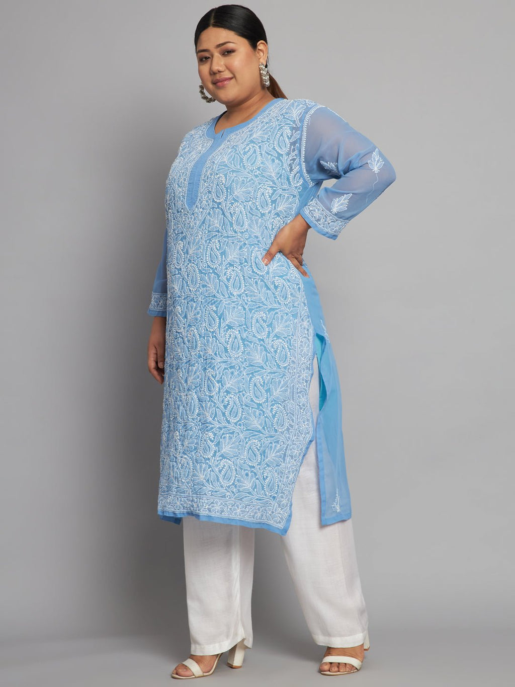 Lucknow Chikankari Hand Embroidered Long Kurta with matching slip, Plus Sizes - Indiankala4u