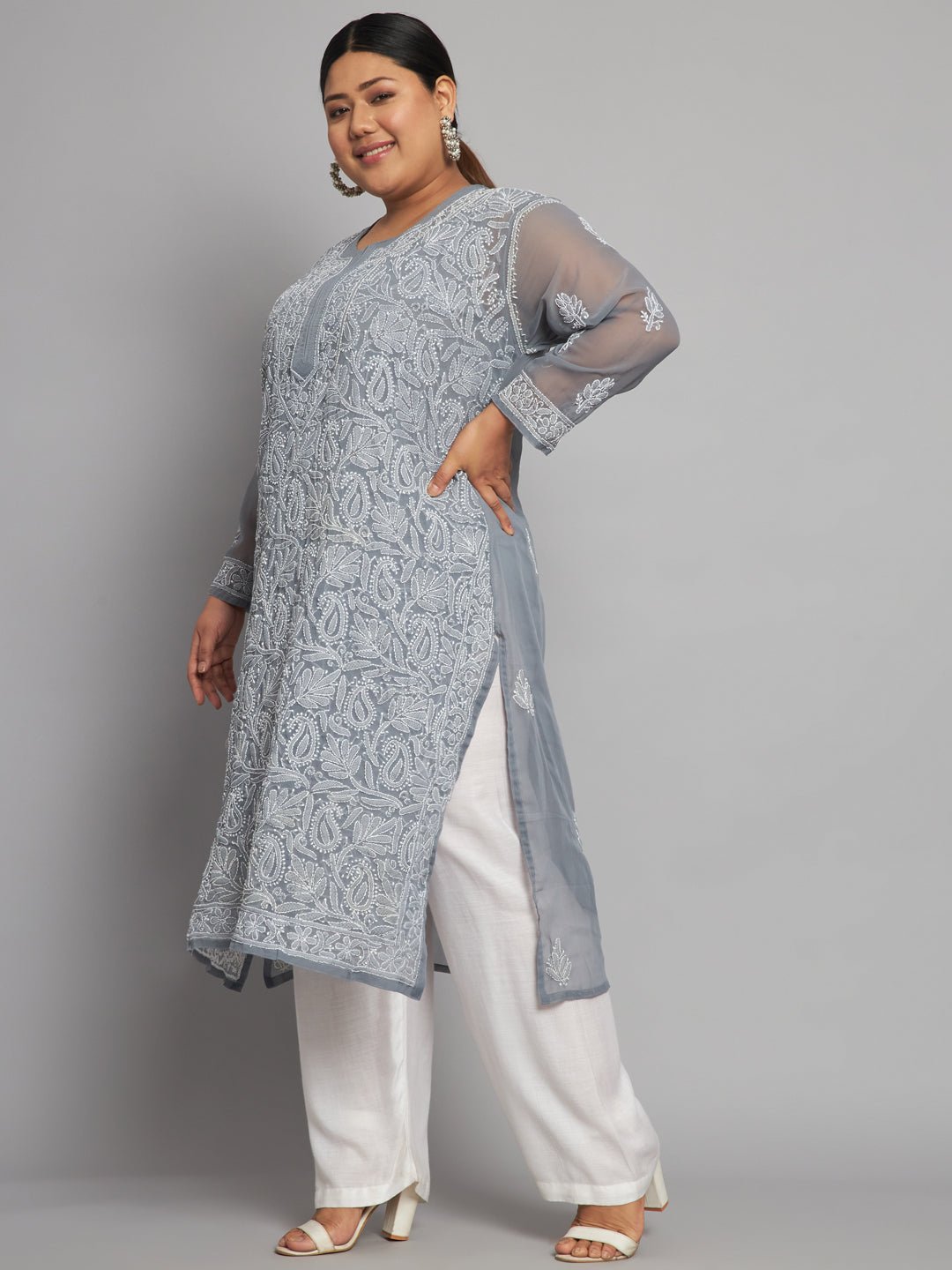 Lucknow Chikankari Hand Embroidered Long Kurta with matching slip, Plus Sizes - Indiankala4u