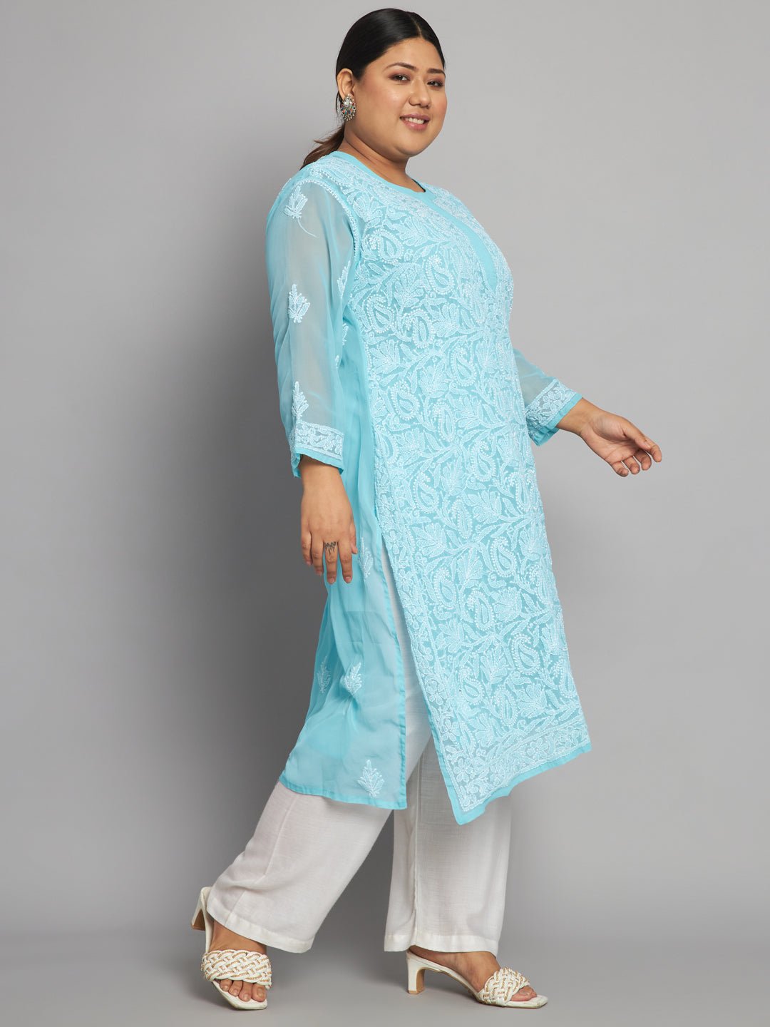 Lucknow Chikankari Hand Embroidered Long Kurta with matching slip, Plus Sizes - Indiankala4u