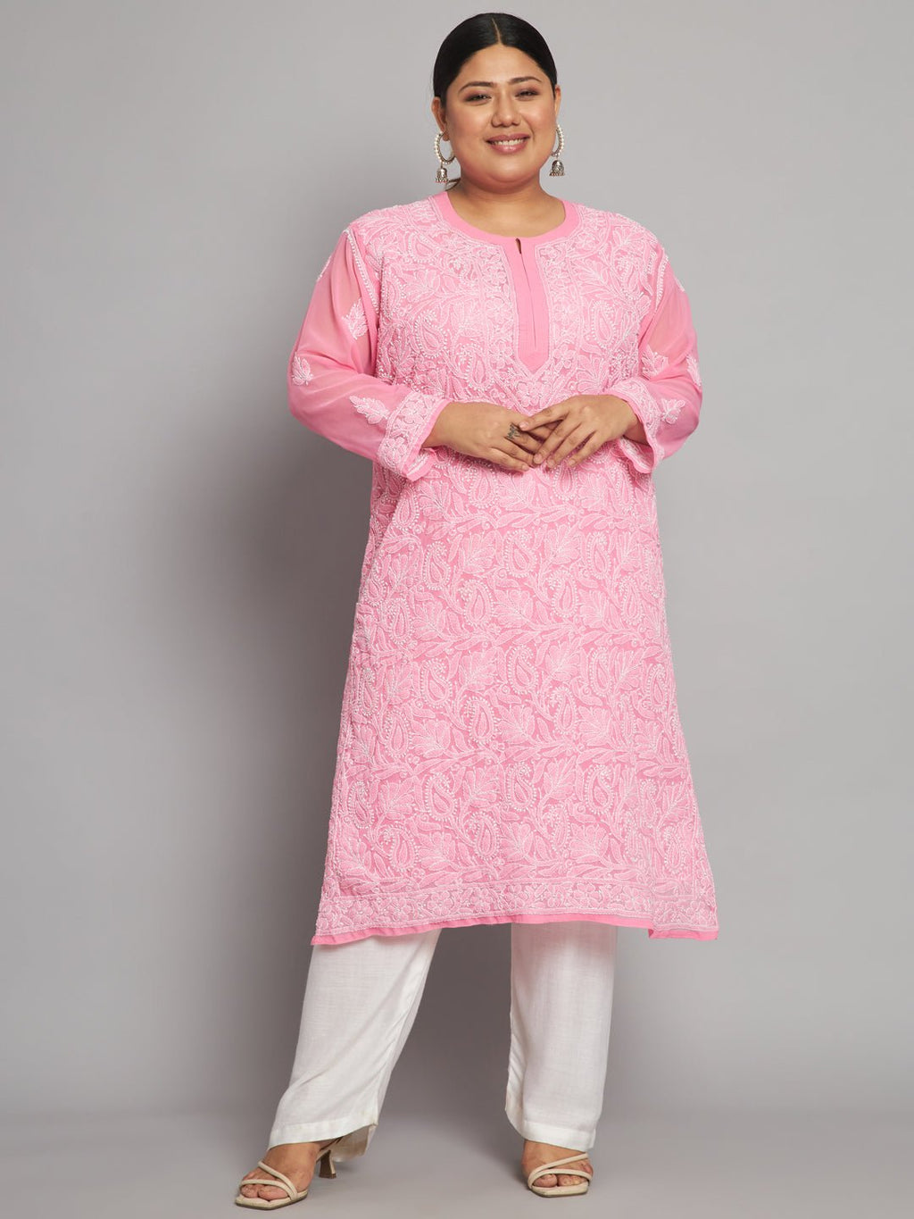 Lucknow Chikankari Hand Embroidered Long Kurta with matching slip, Plus Sizes - Indiankala4u