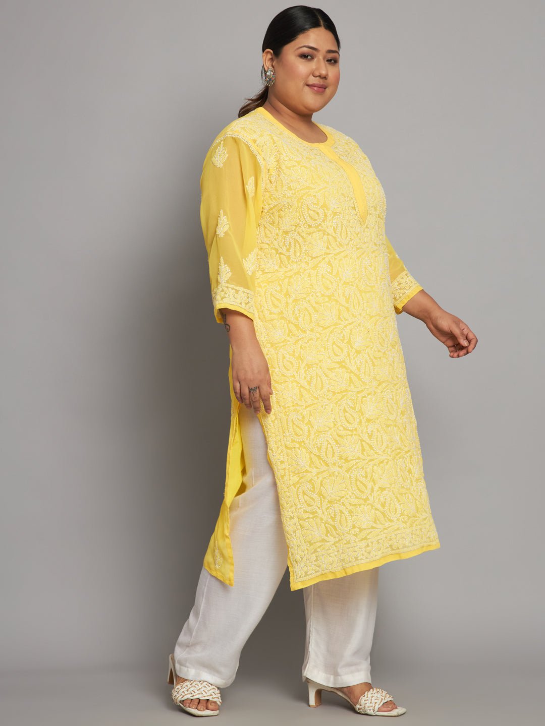Lucknow Chikankari Hand Embroidered Long Kurta with matching slip, Plus Sizes - Indiankala4u