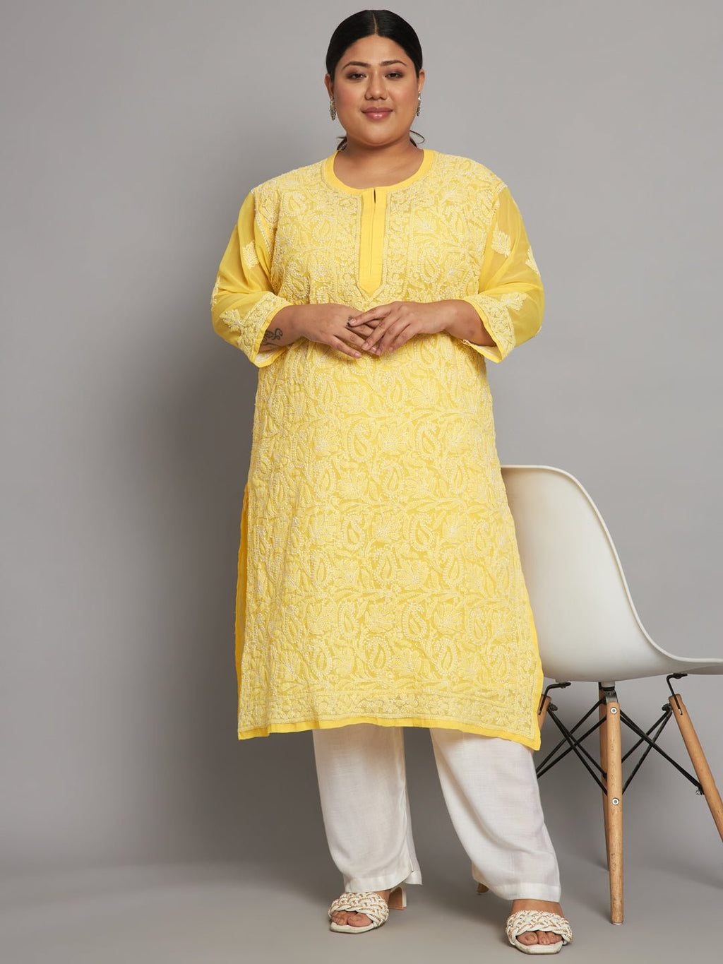 Lucknow Chikankari Hand Embroidered Long Kurta with matching slip, Plus Sizes - Indiankala4u