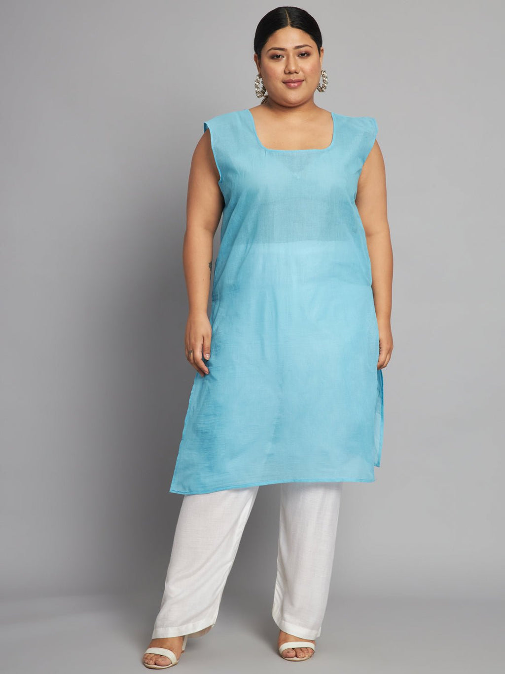 Lucknow Chikankari Hand Embroidered Long Kurta with matching slip, Plus Sizes - Indiankala4u