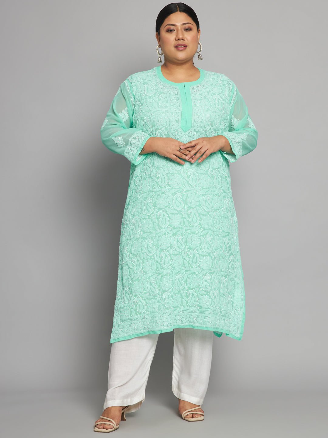 Lucknow Chikankari Hand Embroidered Long Kurta with matching slip, Plus Sizes - Indiankala4u