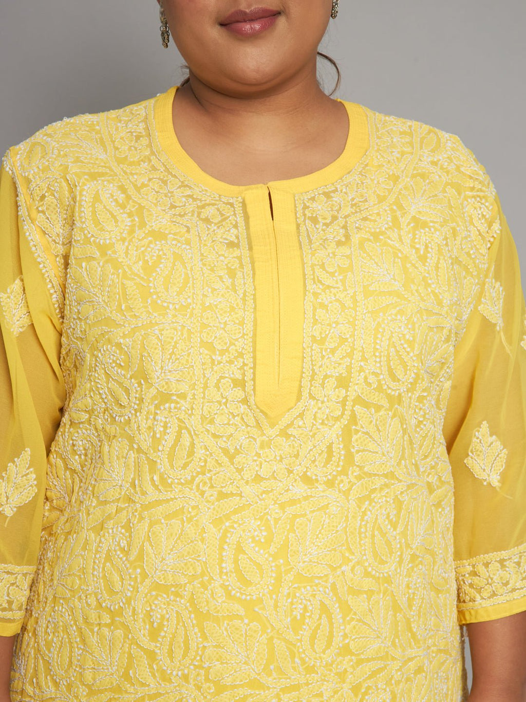 Lucknow Chikankari Hand Embroidered Long Kurta with matching slip, Plus Sizes - Indiankala4u