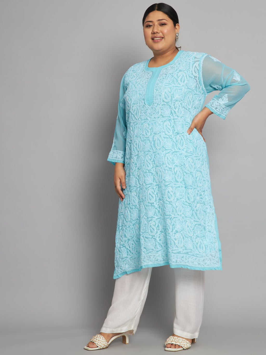 Lucknow Chikankari Hand Embroidered Long Kurta with matching slip, Plus Sizes - Indiankala4u